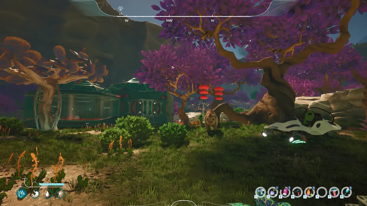 Alien garden viewed with the compass and numbered item bar, near a base and vehicle