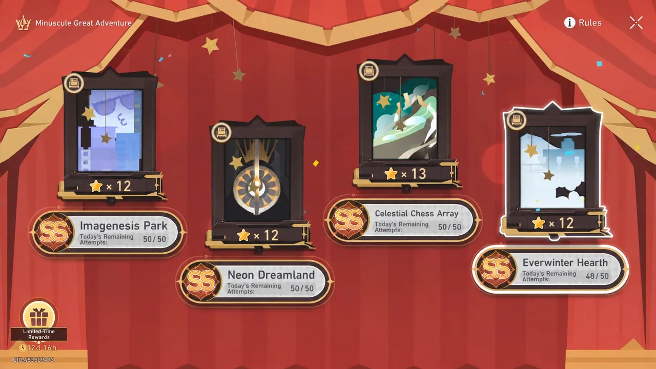 Minuscule Great Adventure stage menu with the Everwinter Hearth map highlighted for entry