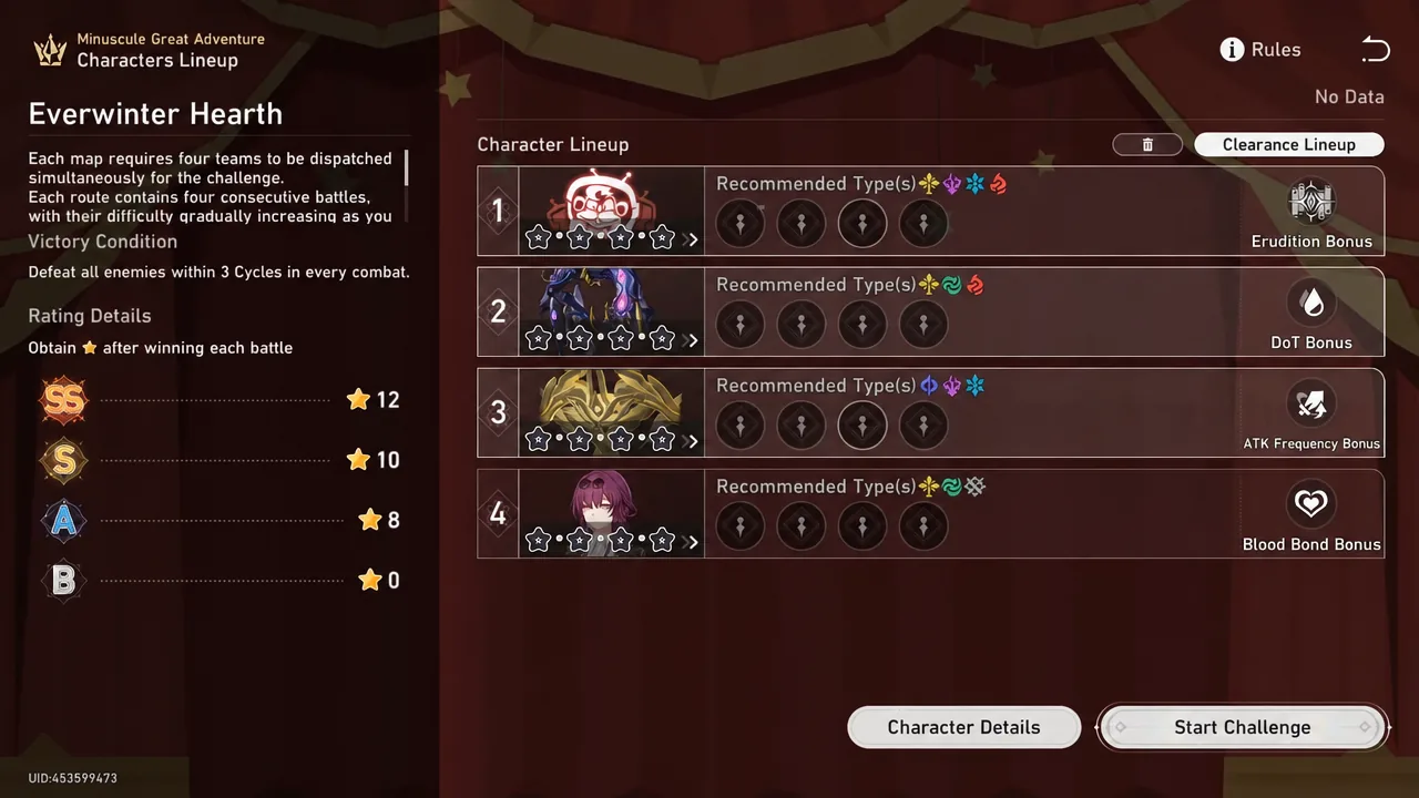 Everwinter Hearth Character Lineup screen with the Start Challenge button ready to press