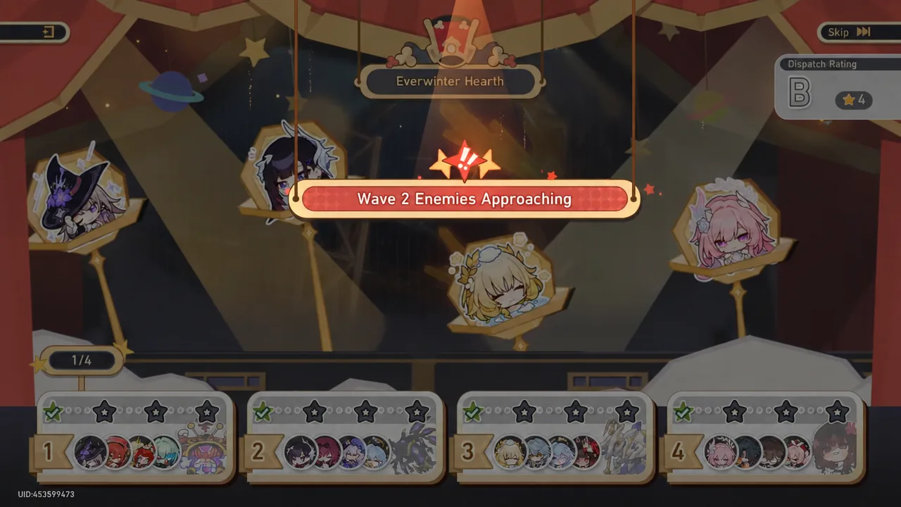 Wave 2 Enemies Approaching banner during the Everwinter Hearth auto-battle