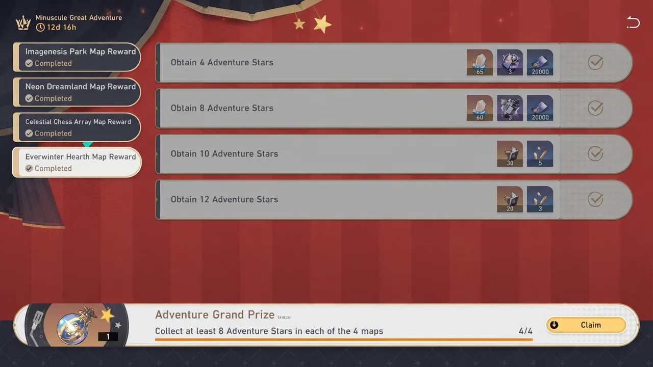 Minuscule Great Adventure reward screen with the Adventure Grand Prize ready to claim