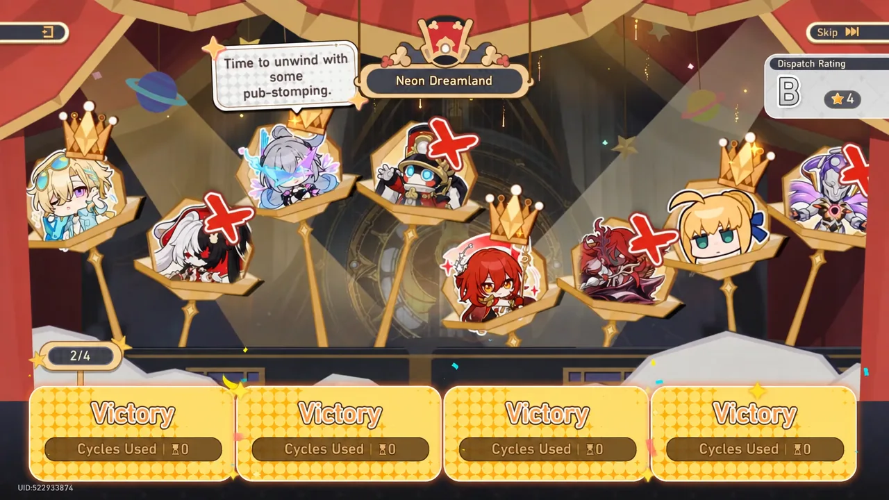 Neon Dreamland dispatch results with four Victory panels and a Dispatch Rating shown