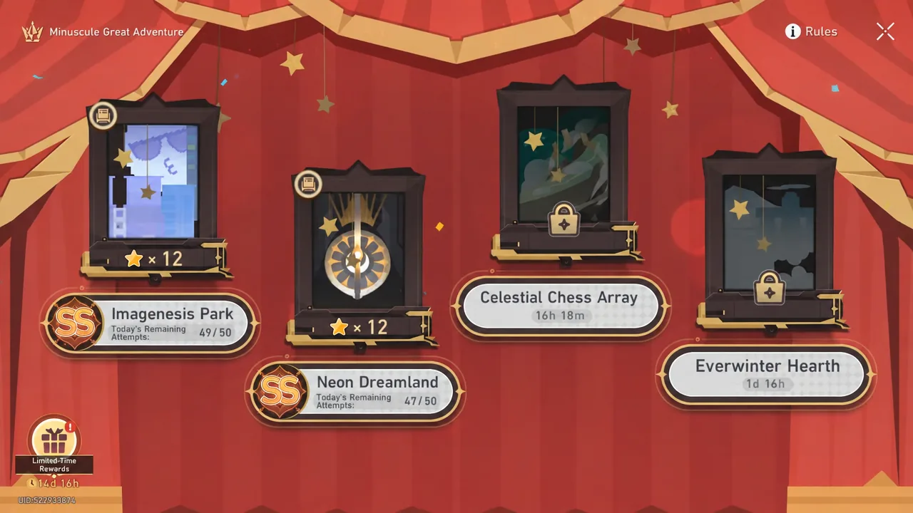Minuscule Great Adventure stage selection screen with Imagenesis Park highlighted among the four maps