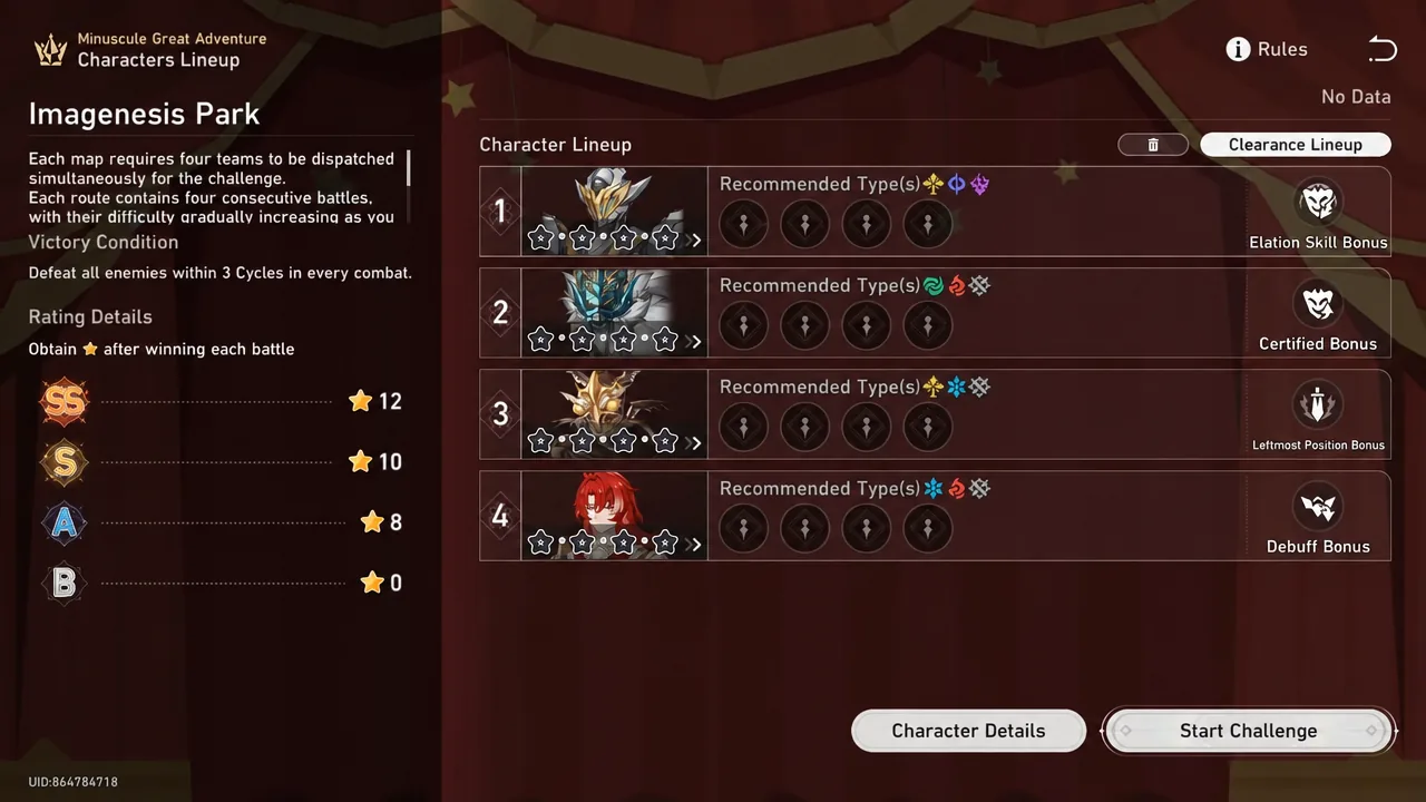 Character Lineup screen with the Start Challenge button highlighted