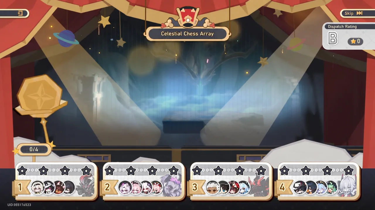 Celestial Chess Array screen with team cards one through four ready for dispatch selection