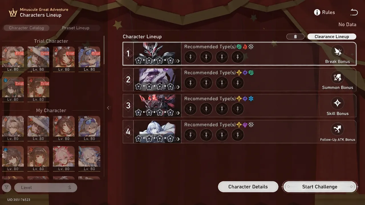 Character Lineup screen with the Start Challenge button highlighted