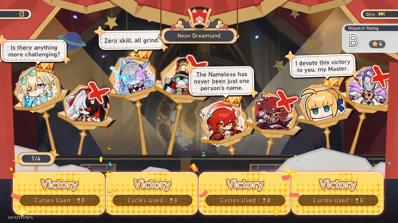 Neon Dreamland victory screen showing four completed routes after the challenge
