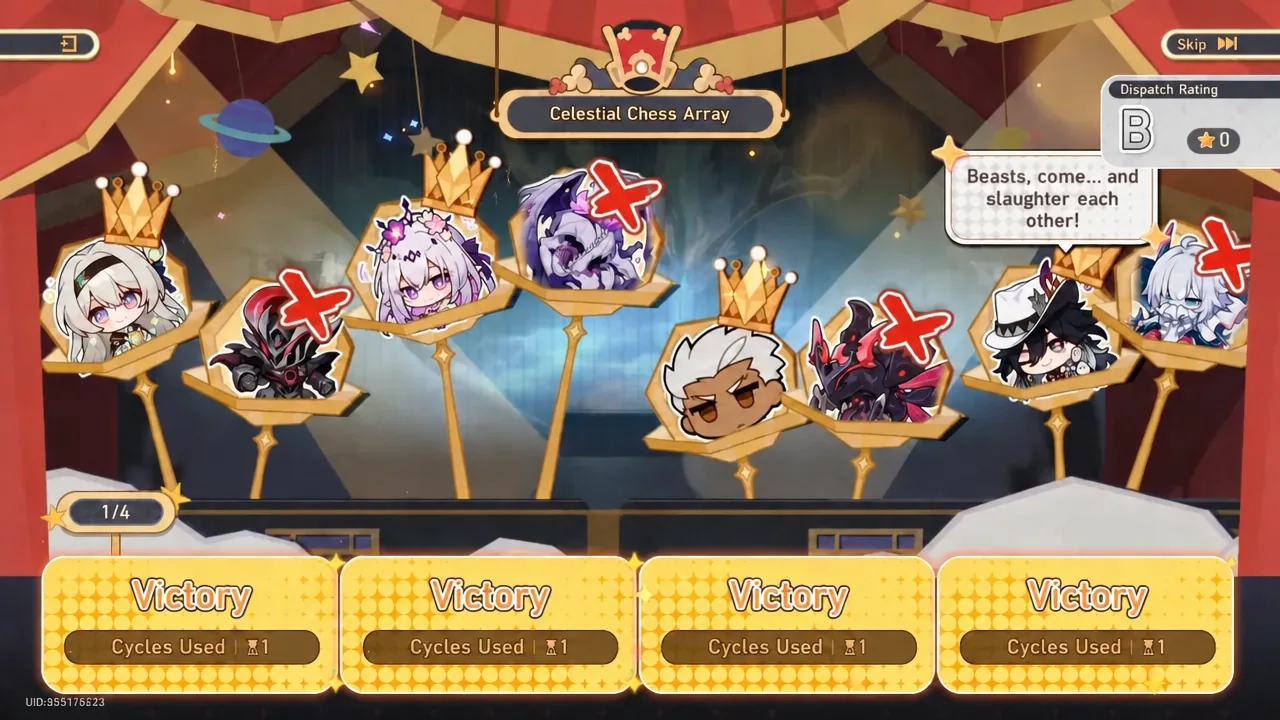 Celestial Chess Array results showing four Victory panels and a Dispatch Rating of B