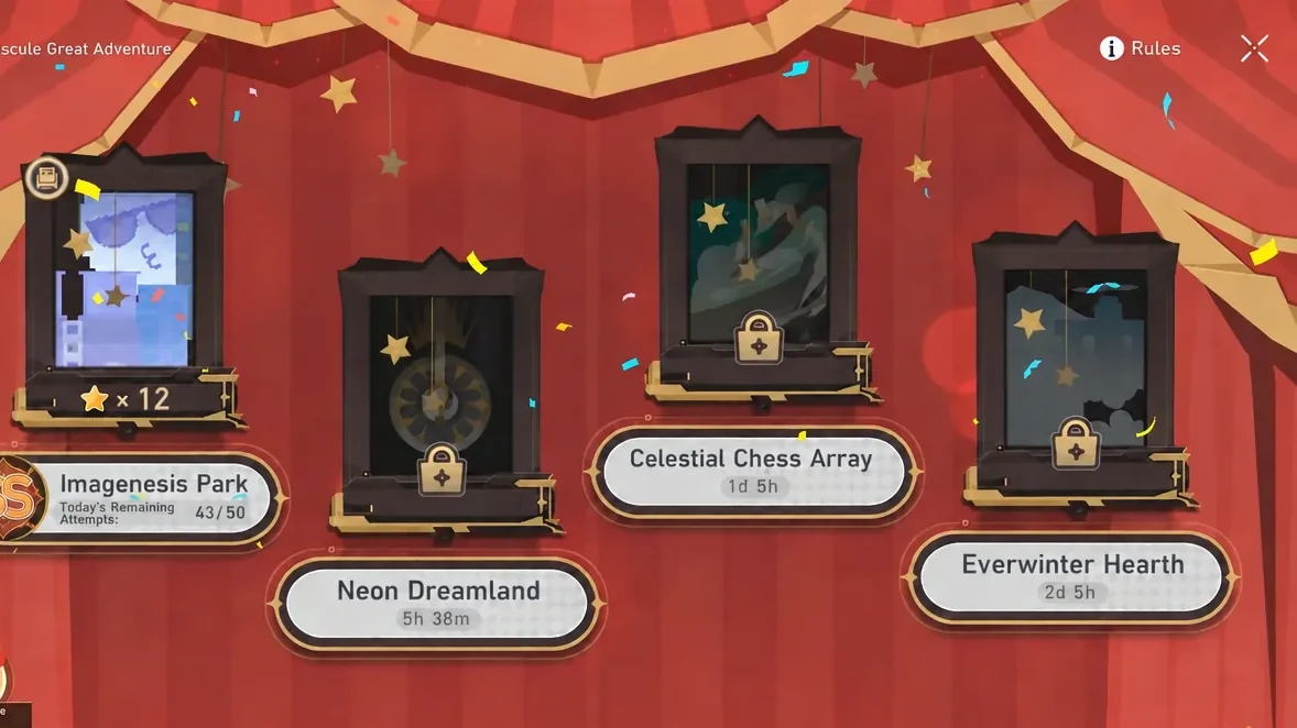 Great Adventure stage map showing location cards including Celestial Chess Array
