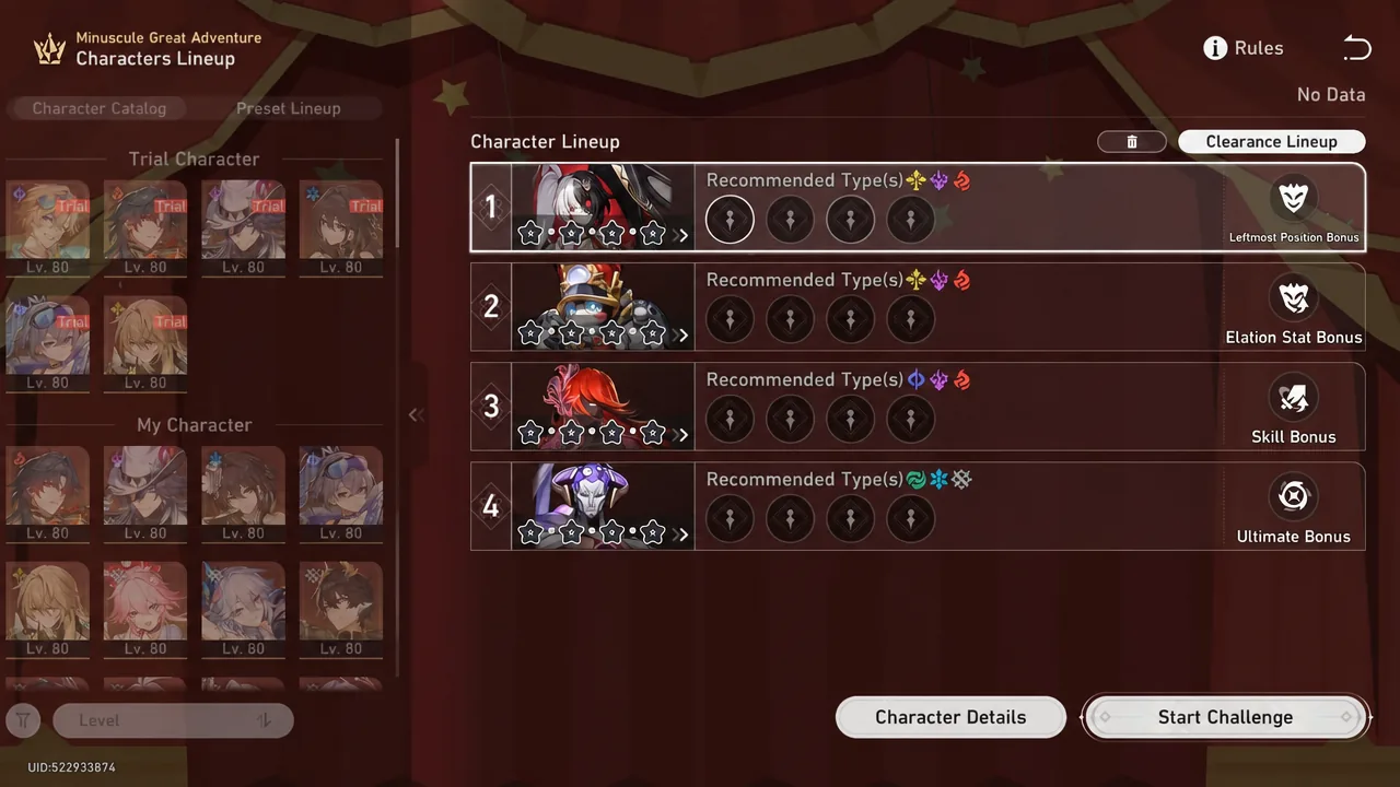 Character lineup screen with the first team slot highlighted while picking a trial unit