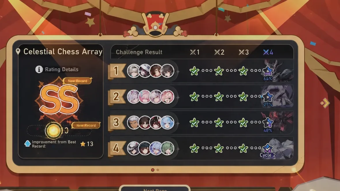 Challenge Result screen for Celestial Chess Array showing an SS rating with the fourth route tab open