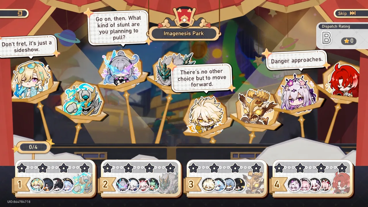 Imagenesis Park dispatch screen with four numbered team cards ready to be filled