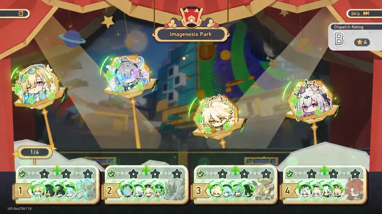Dispatch rating result at Imagenesis Park with the Skip button available during the sequence