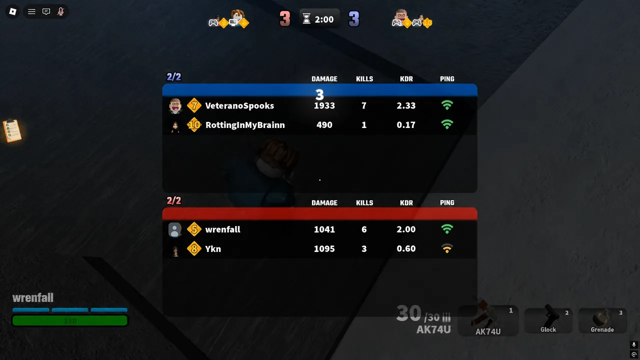 Hood Rivals scoreboard showing damage, kills, KDR, and ping for both teams