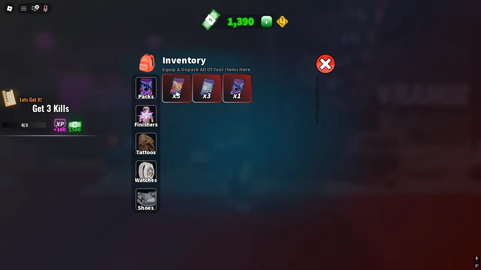 Hood Rivals inventory on the Packs tab showing unopened item packs