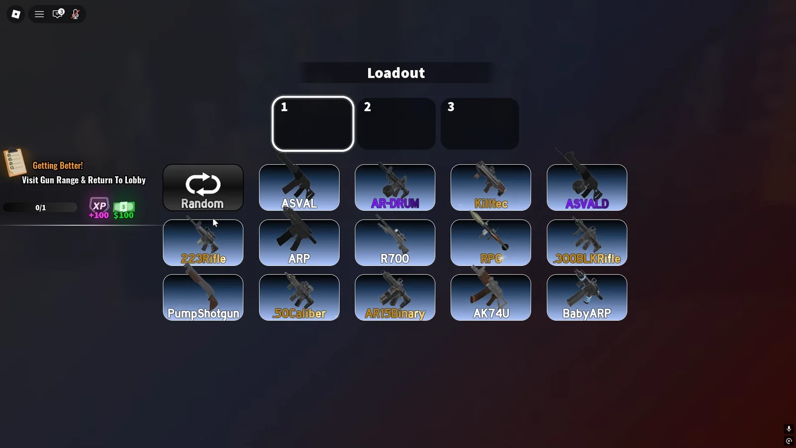 Hood Rivals loadout menu with slot one selected and the weapon list open