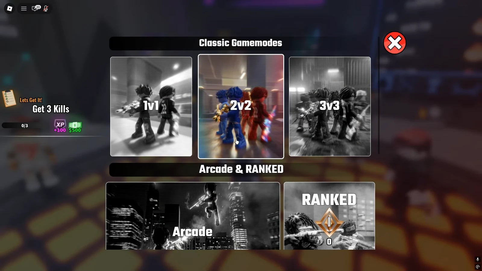 Hood Rivals mode menu with the 2v2 Classic Gamemode tile highlighted