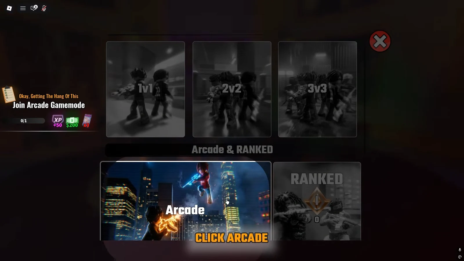 Arcade and Ranked menu in Hood Rivals with the Arcade tile highlighted