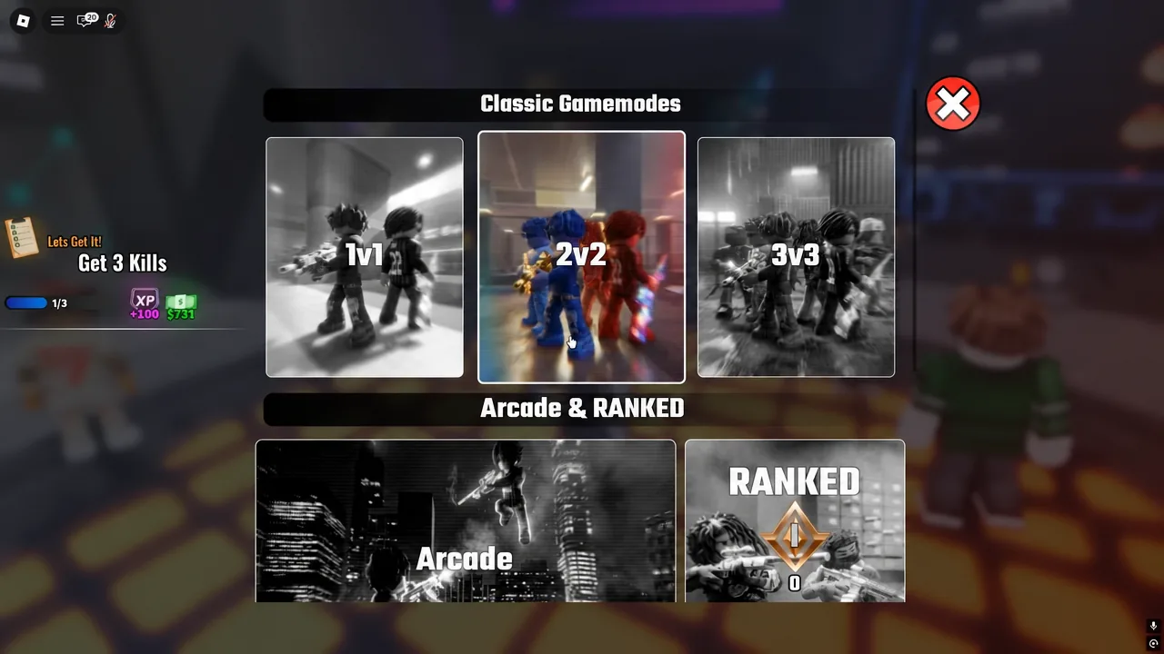 Hood Rivals mode menu with the 2v2 Classic Gamemode tile highlighted