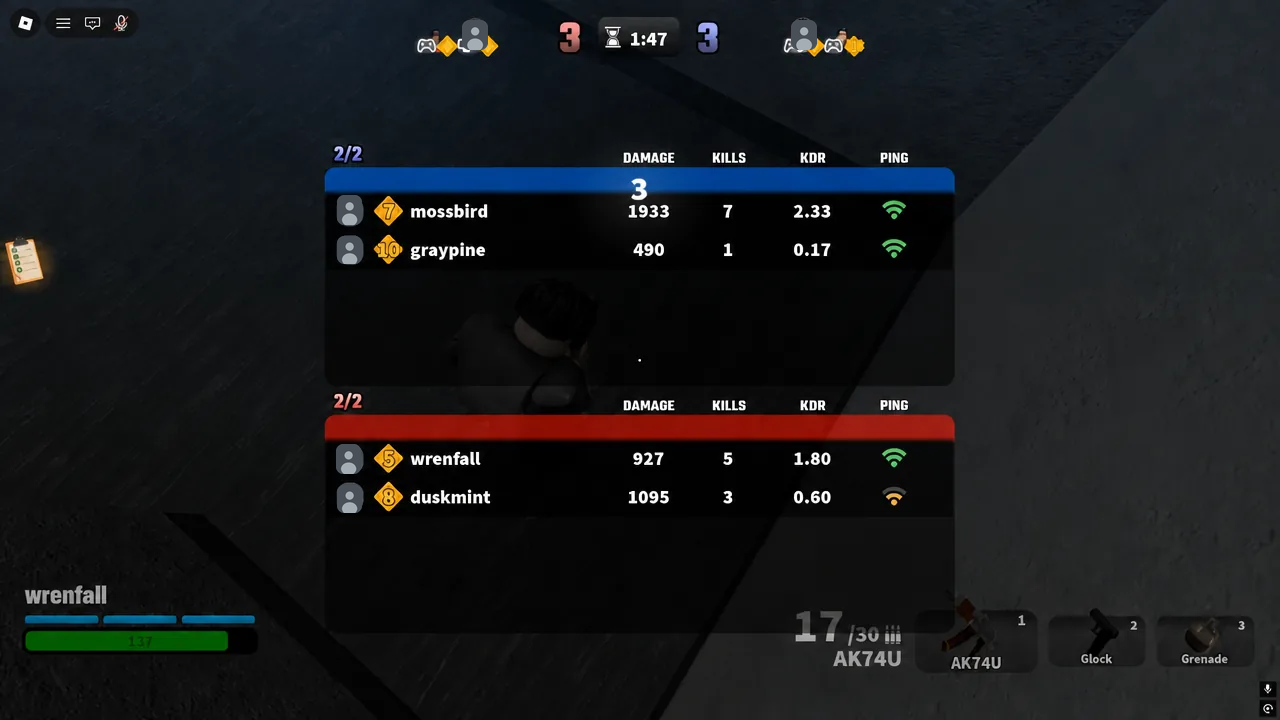 Hood Rivals scoreboard showing damage, kills, KDR, and ping for both teams