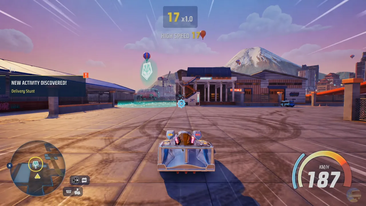 On-screen banner reading NEW ACTIVITY DISCOVERED Delivery Stunt during a free roam drive