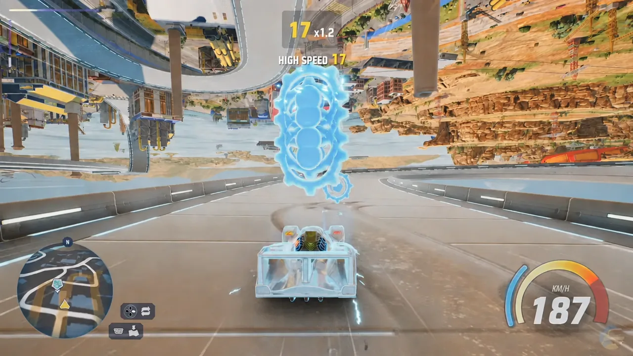 Speedometer reading 187 km/h with a HIGH SPEED 17 combo banner active during free roam