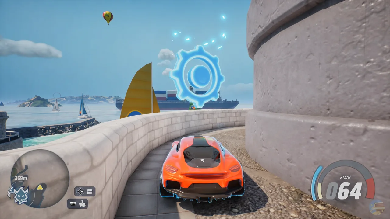 A glowing gear-shaped collectible floating in the road as the car closes in on it