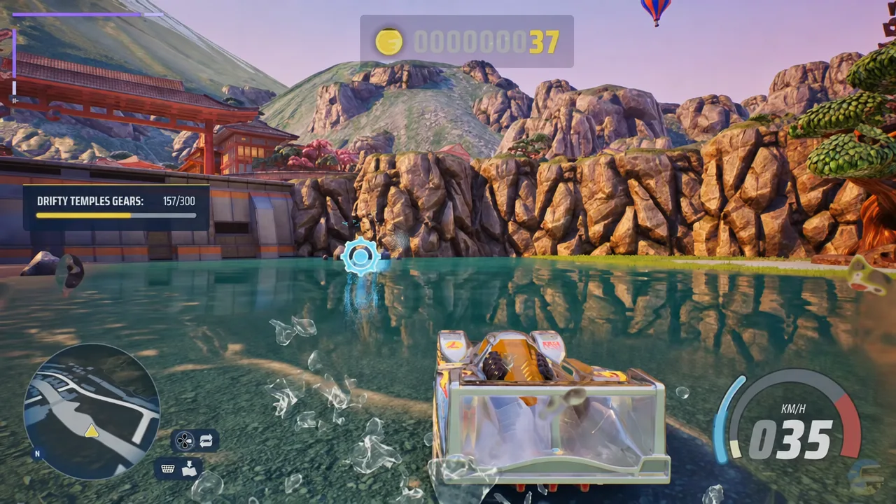 Car driving through shallow water toward a Gear with the Drifty Temples counter reading 157 of 300