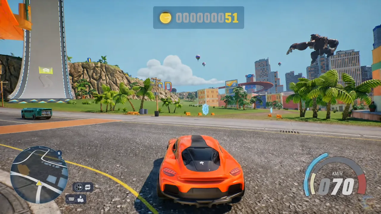 Open-world driving in Hot Wheels Infinite Rush with the coin counter and a 70 KM/H speed readout on screen