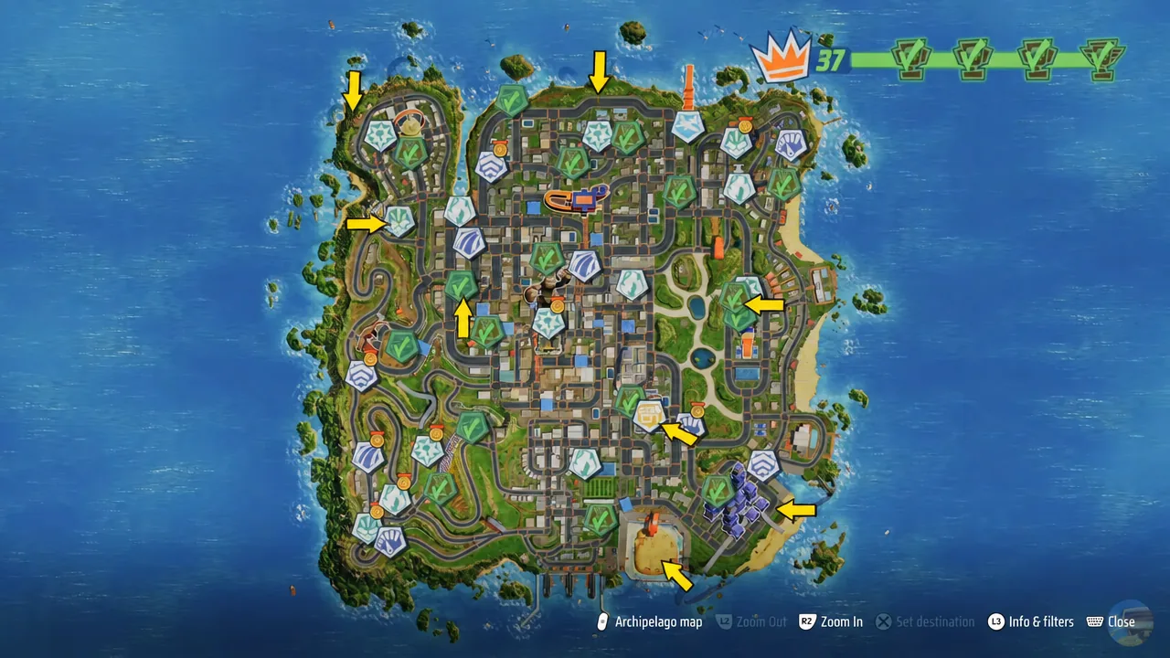 Archipelago map screen with yellow arrows marking several island destinations before selecting one
