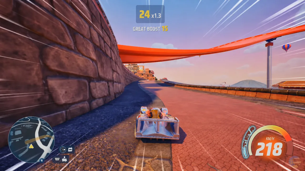Race car triggering a boost with the GREAT BOOST 15 readout and speedometer on screen