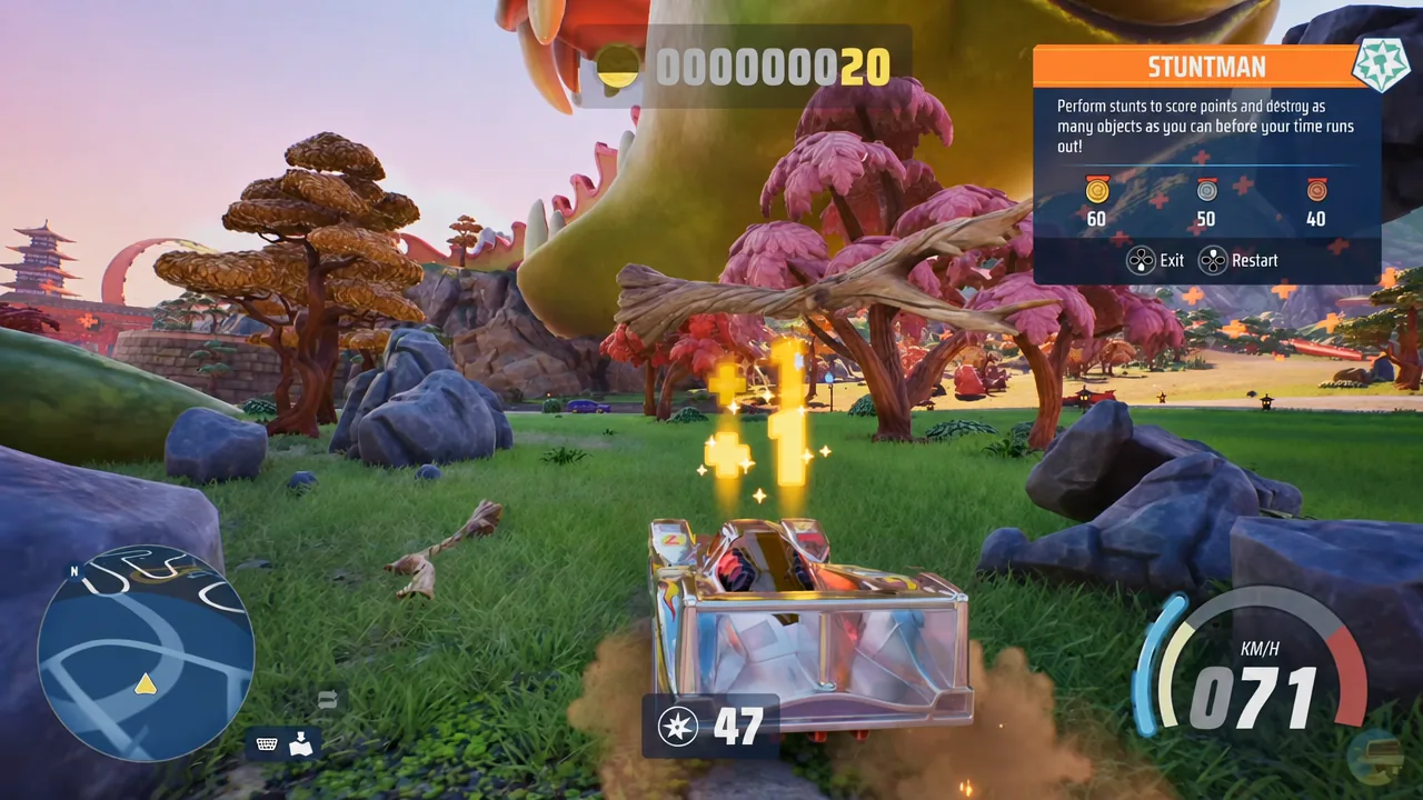 Stuntman run underway showing point progress with Exit and Restart options available