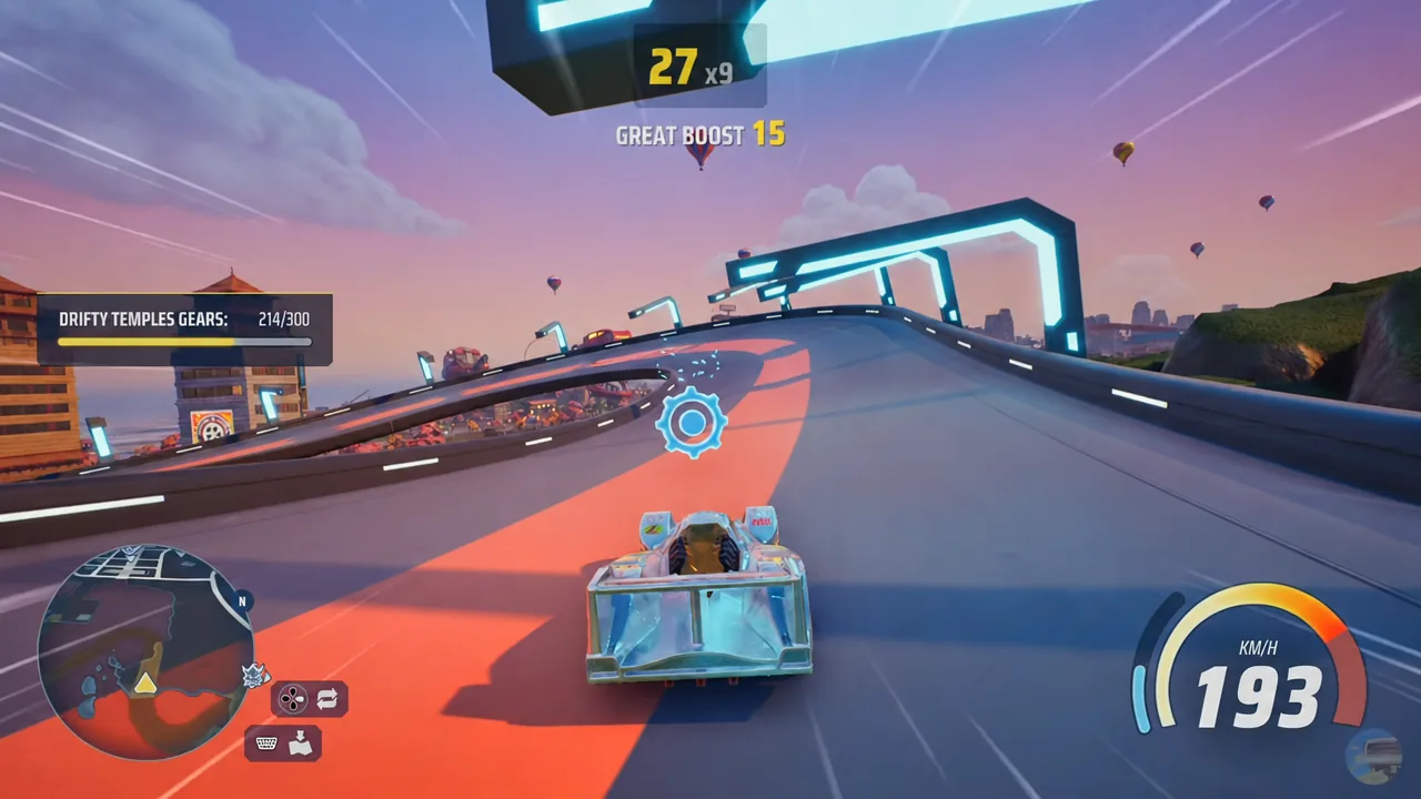 Boost challenge HUD on Drifty Temples showing a GREAT BOOST 15 rating mid-run