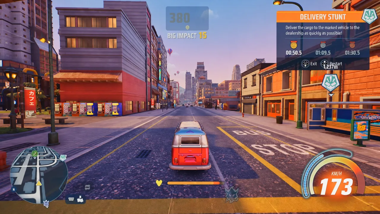 Delivery Stunt in progress, steering a cargo van toward the marked dealership drop-off