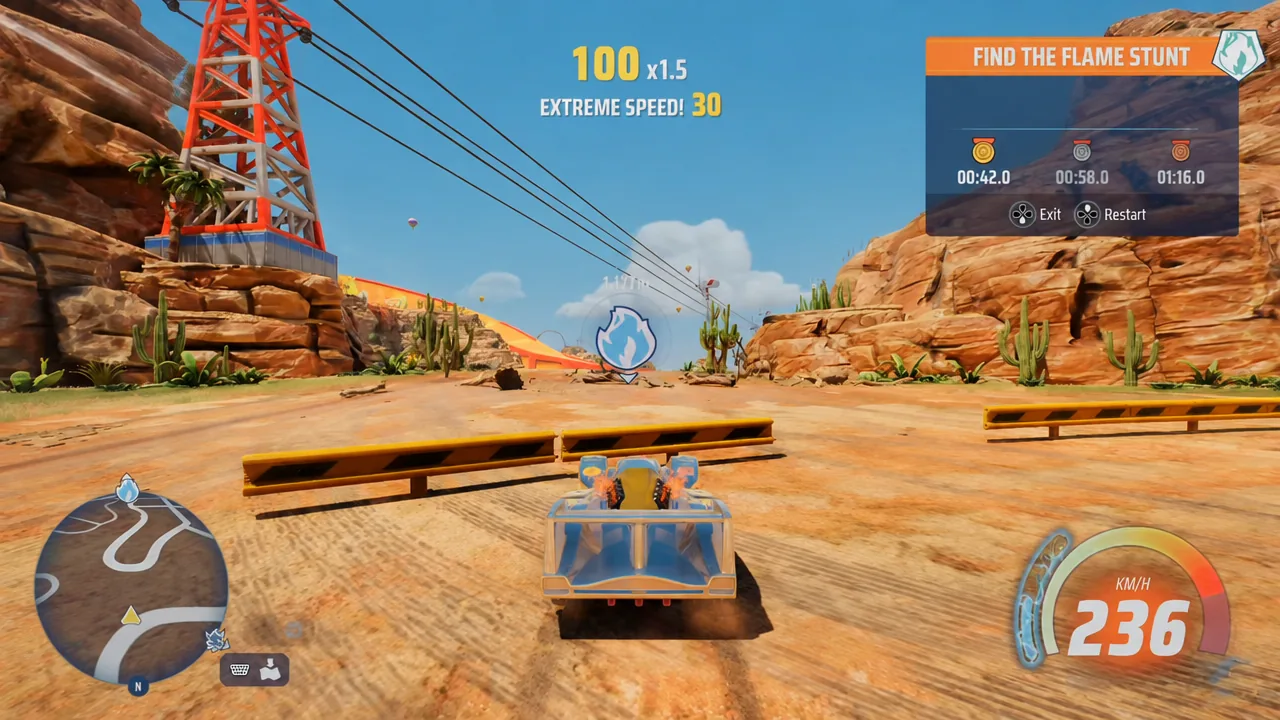Find the Flame stunt with the flame marker glowing ahead on the desert route