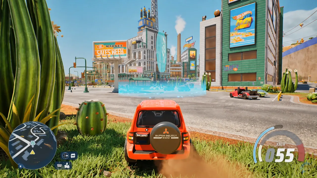 Orange Pajero rolling through Gearville at 55 km/h with the minimap visible