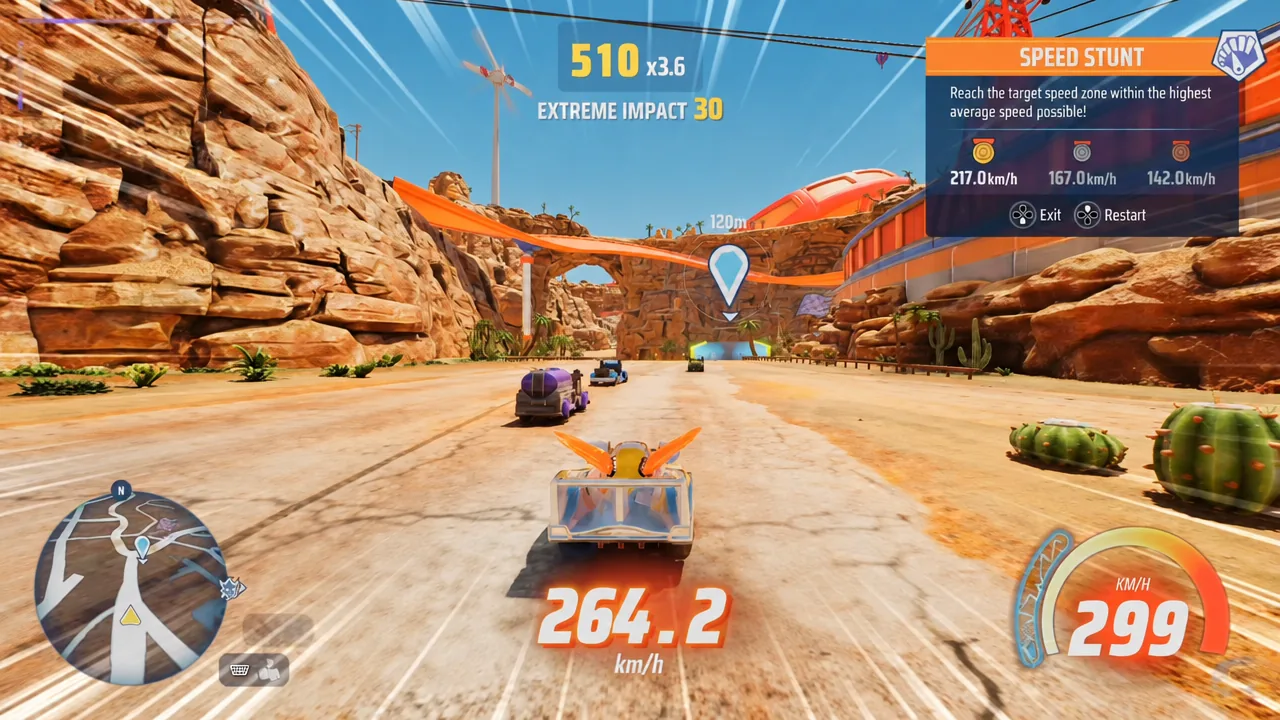 Speed Stunt attempt in Gearville with Exit and Restart options shown on screen