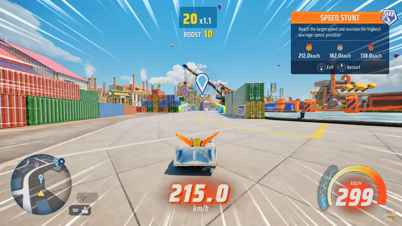Speed Stunt objective panel tracking current speed against the target while accelerating