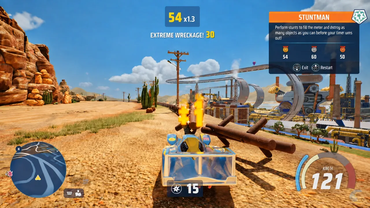 Stuntman challenge in progress as a car smashes an obstacle, with Exit and Restart prompts on screen