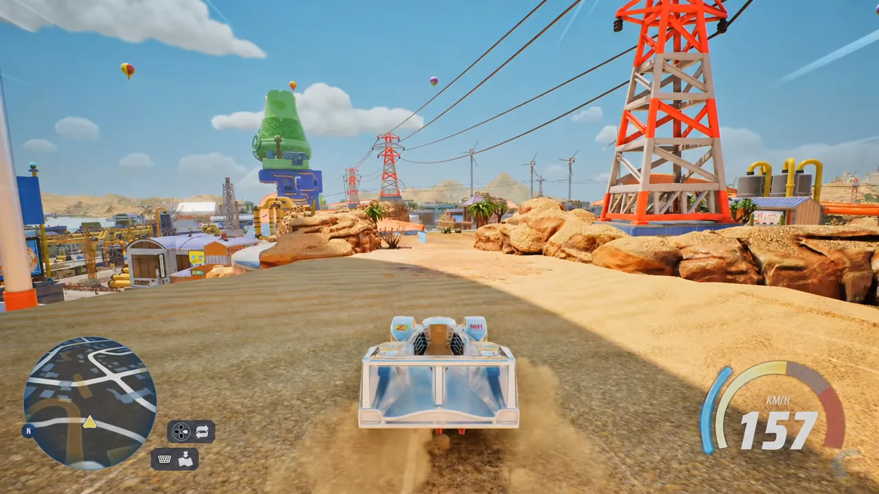 Car crossing Gearville's industrial desert at 157 km/h with the minimap and speedometer on screen