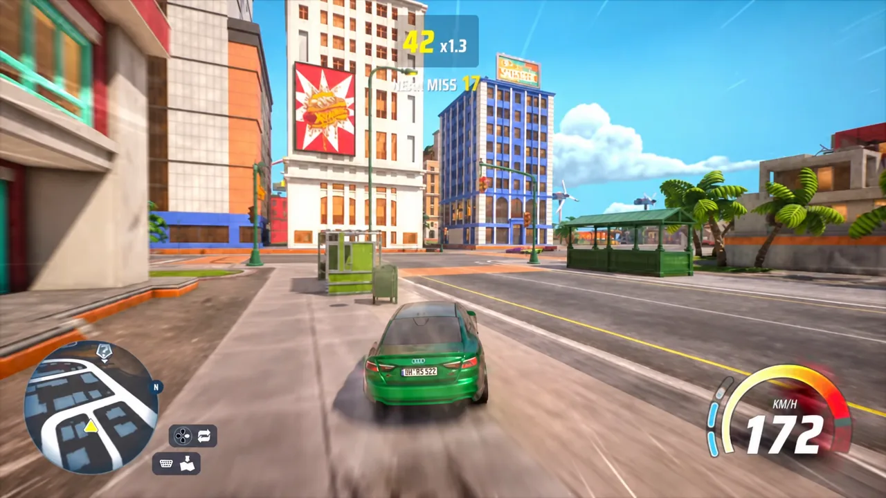 Open-world driving through city streets in Hot Wheels Infinite Rush with the speedometer at 172 KM/H