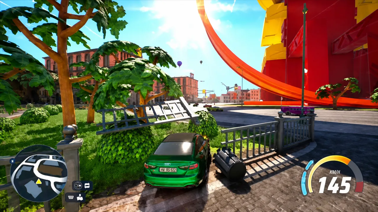 Racing HUD in Hot Wheels Infinite Rush showing the minimap and a speedometer reading 145 km/h