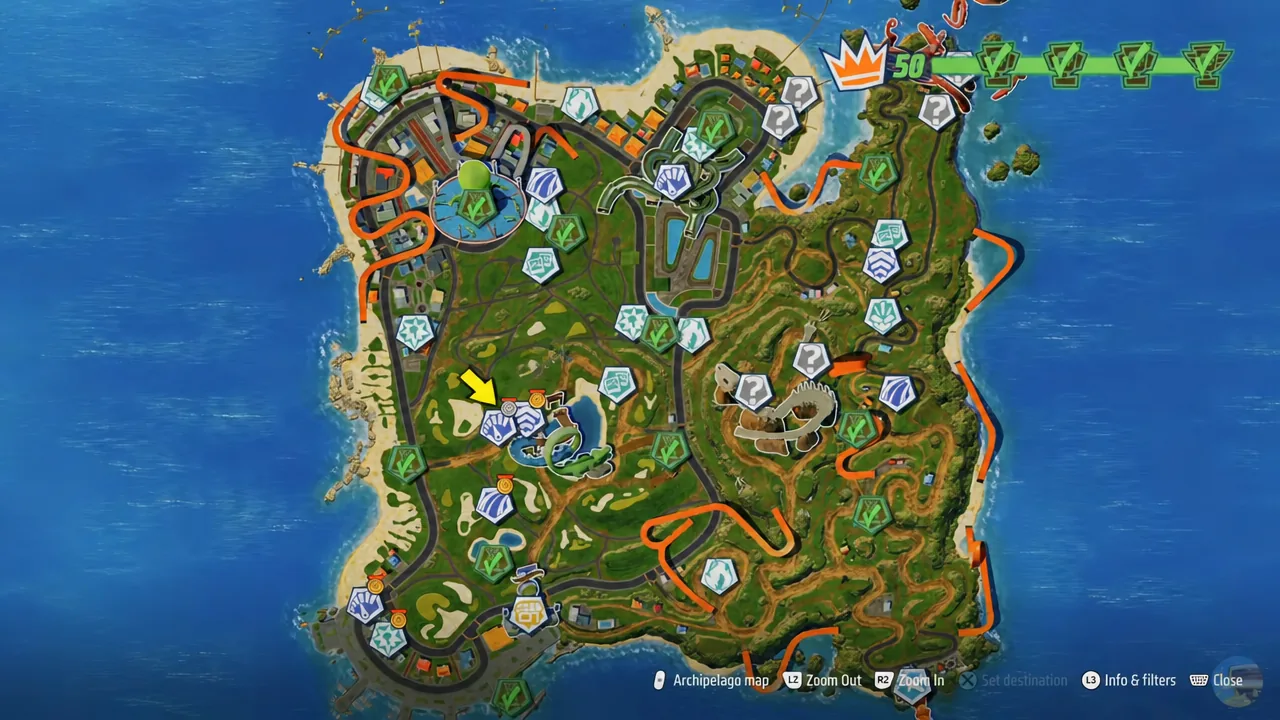 Yellow arrow highlighting a blue marker on the Tentacle Bay map before travelling to it