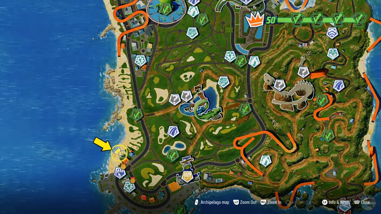 Archipelago map with a yellow arrow pointing at a coastal marker near the Tentacle Bay beach