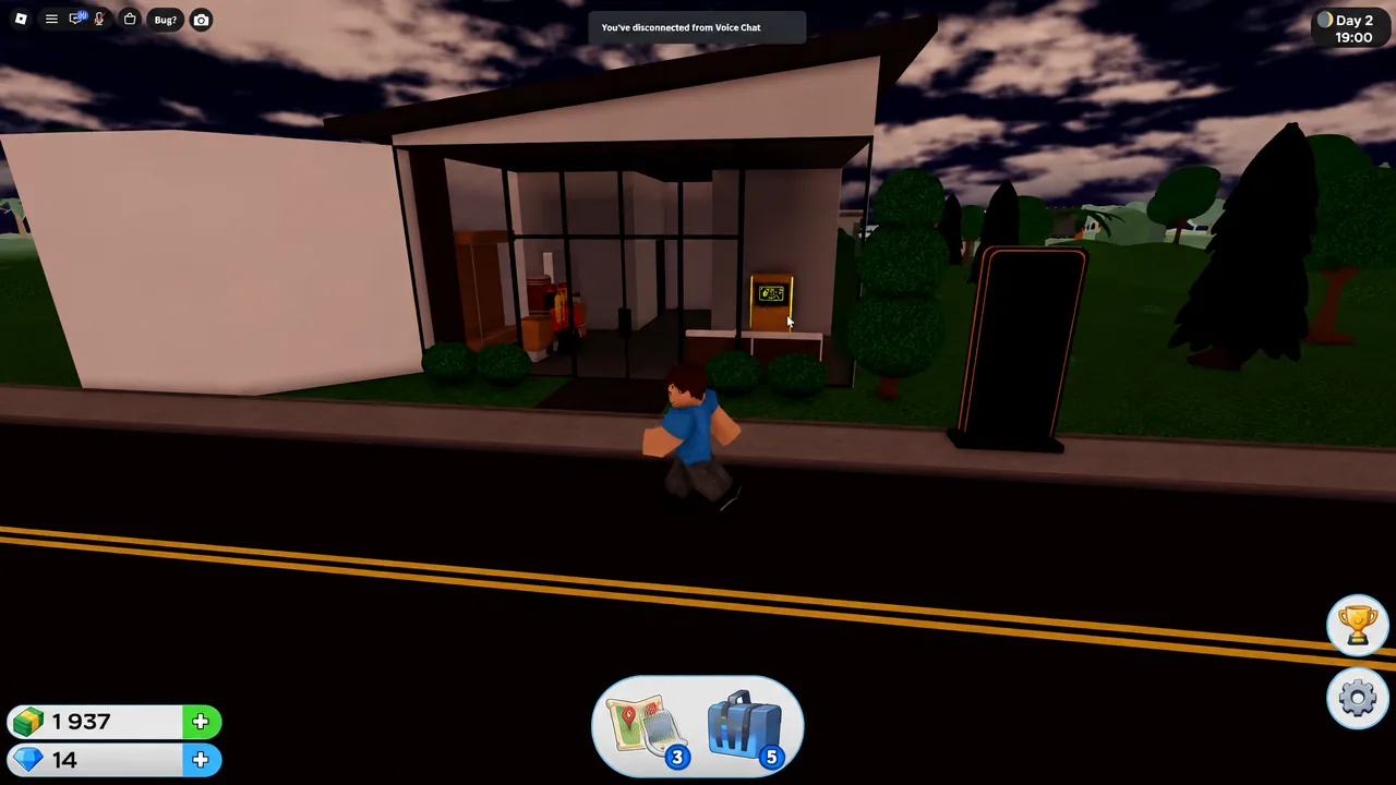 Player walking up to a hotel entrance with a highlighted yellow keypad on the wall