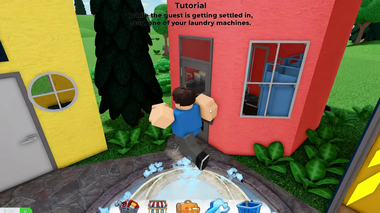Tutorial prompt pointing the player into the laundry room to start a washing machine
