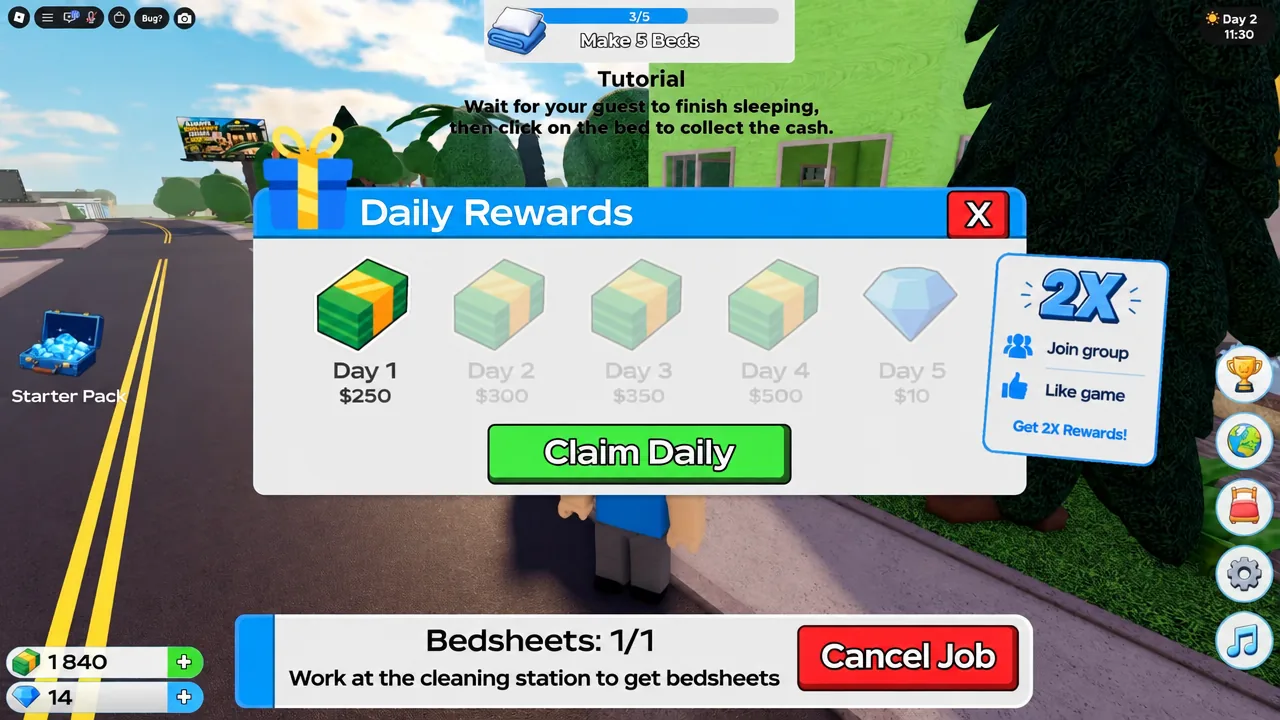 Daily Rewards menu with the green Claim Daily button and the Day 1 cash reward