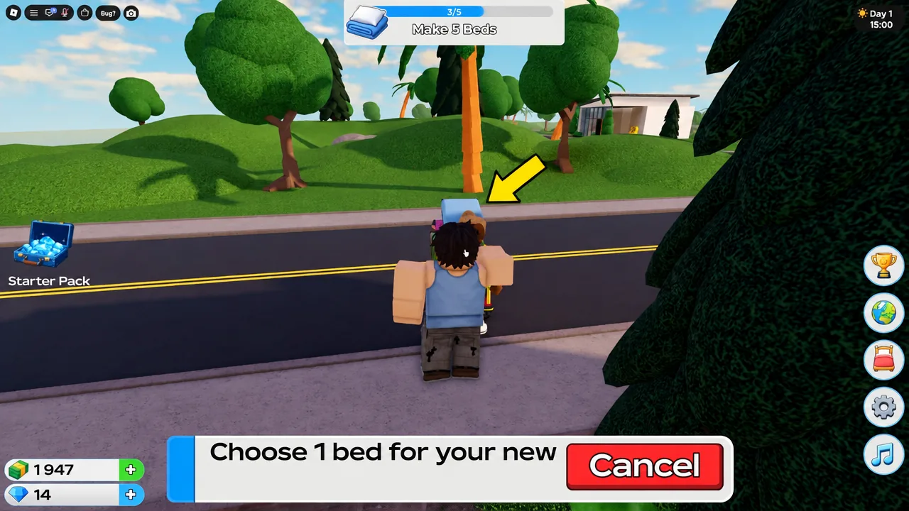 Player greeting arriving guests on the sidewalk outside a Village Camping hotel
