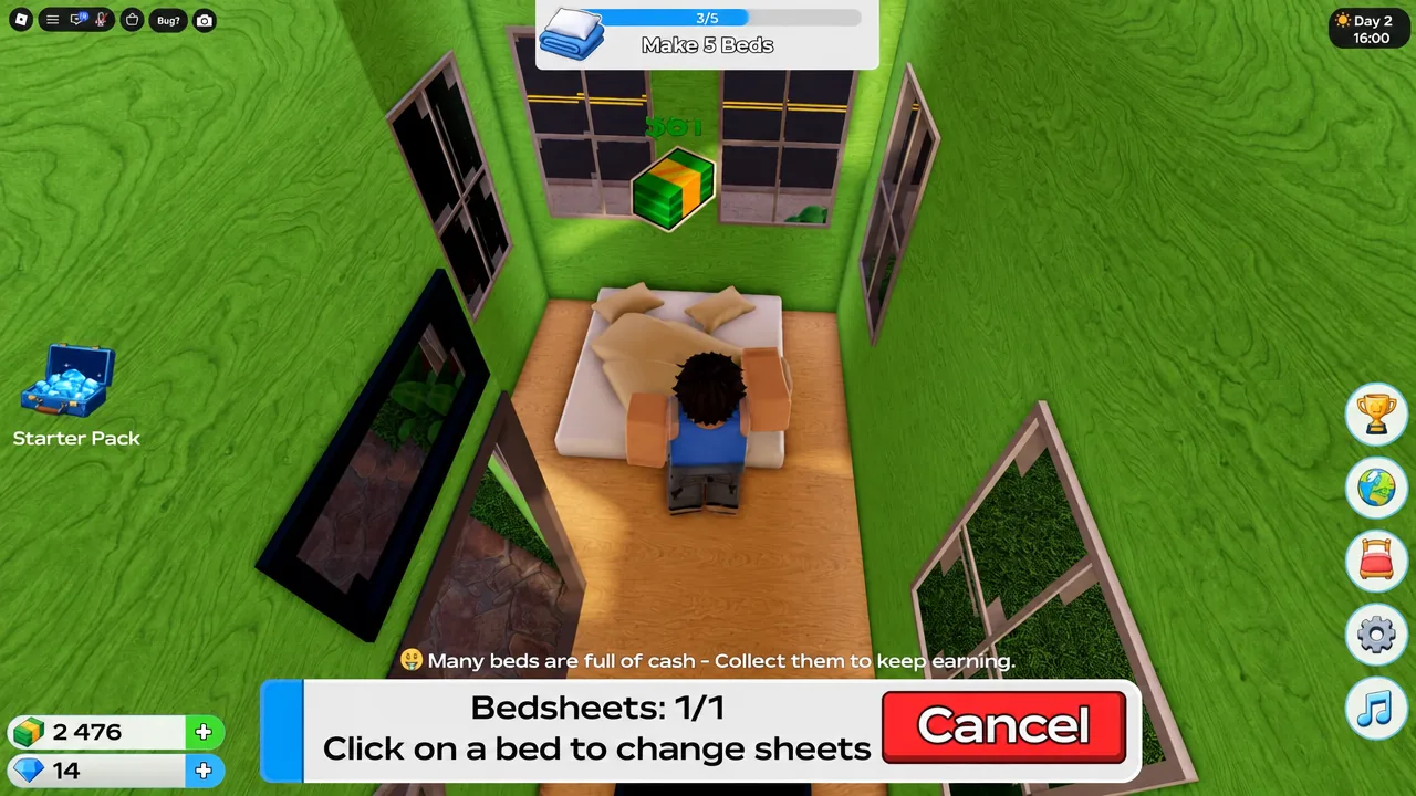 Bedsheets 1 of 1 task highlighting a bed with a prompt to click and change the sheets