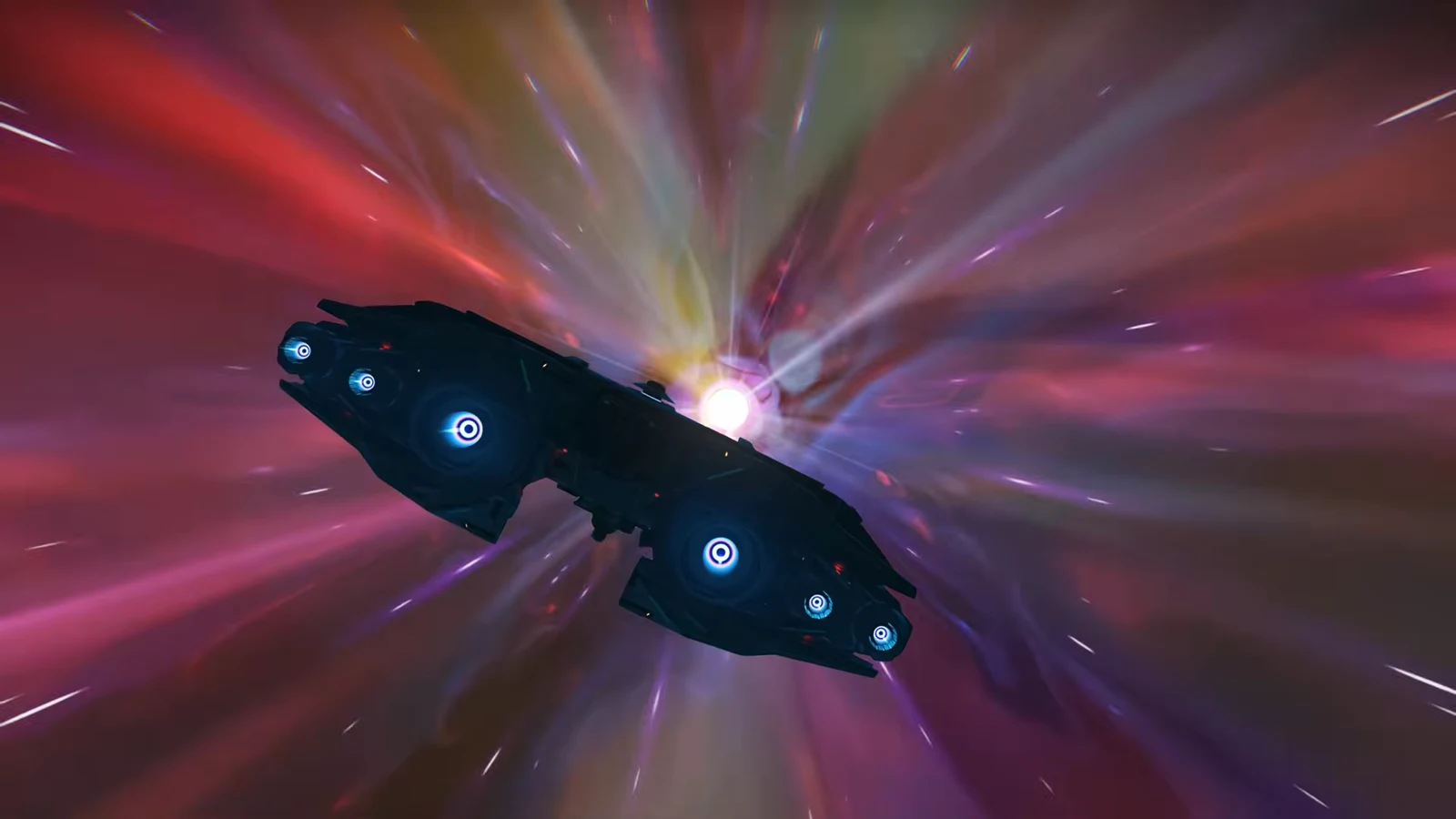 Starship in the middle of a warp jump to another star system